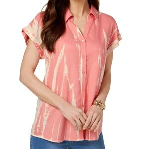 Style & Co Button Up Shirt Short Sleeves Coral Tie Dye V-neck Relaxed Fit Large